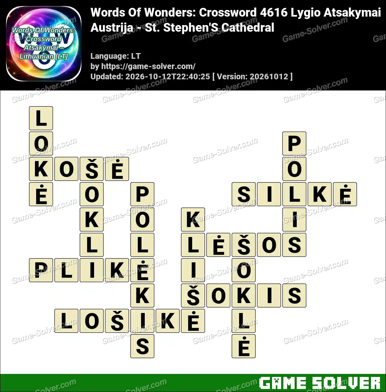 Words Of Wonders: Crossword 4616 Lygio Atsakymai – Austrija – St. Stephen’S Cathedral